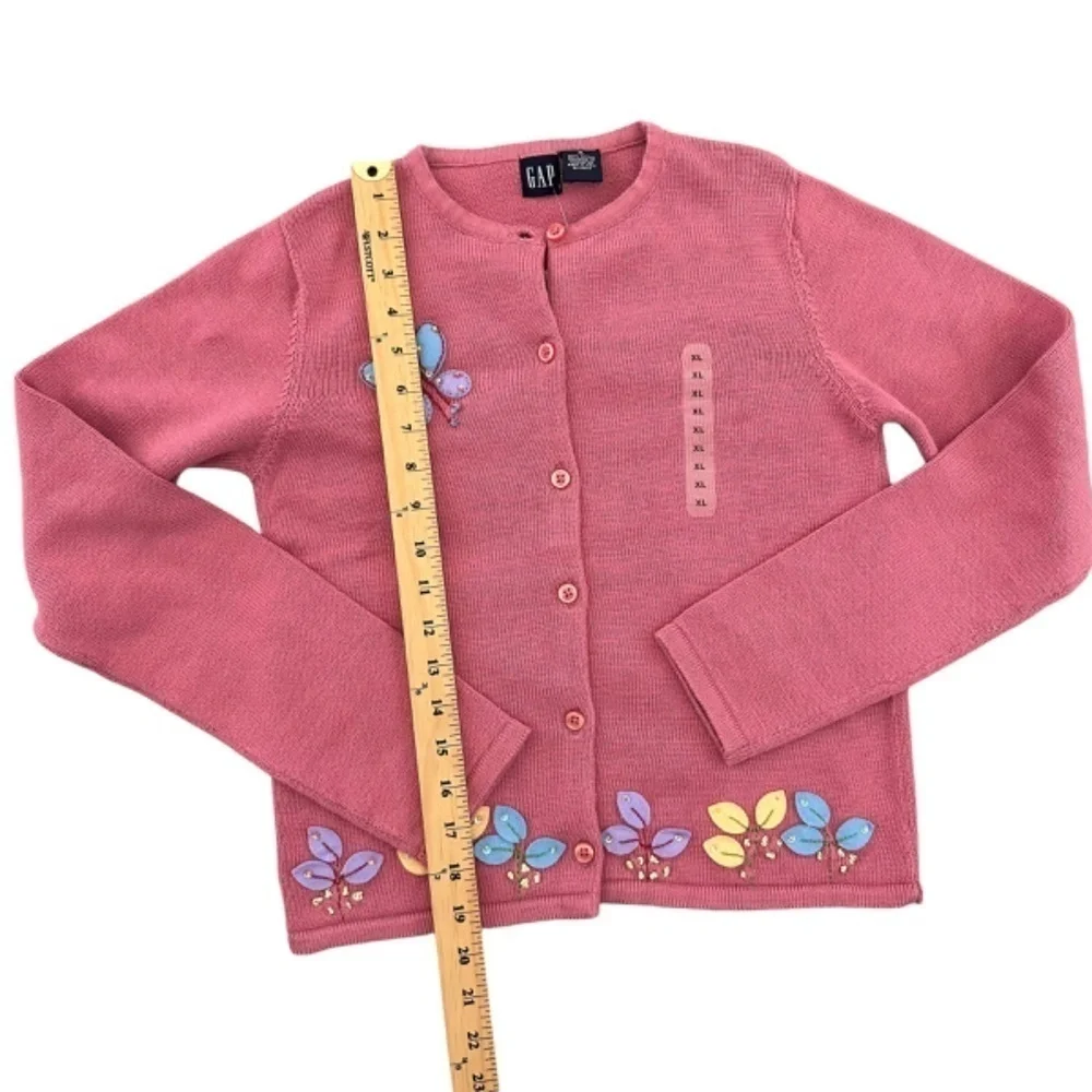 Gap Girls Cardigan Sweater XL Pink Flower Butterfly Appliqués Artsy NEW